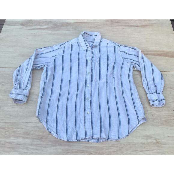 M&S PURE LINEN Shirt Long Sleeve Dress Striped Collared Women's White‎ SIZE US 6 - Picture 1 of 6